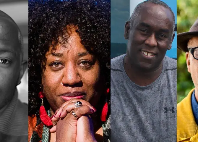 A composite image featuring the Black writers Diane Evans, Nick Makoha, Juliet Gilkes Romero, Alex Wheatle, Colin Grant, Hafsa Zayyan