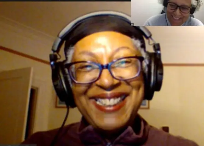 A composite image of the presenters of The Amplify Project. Black, female artists both wearing headphones and grinning at each other on a Zoom call.